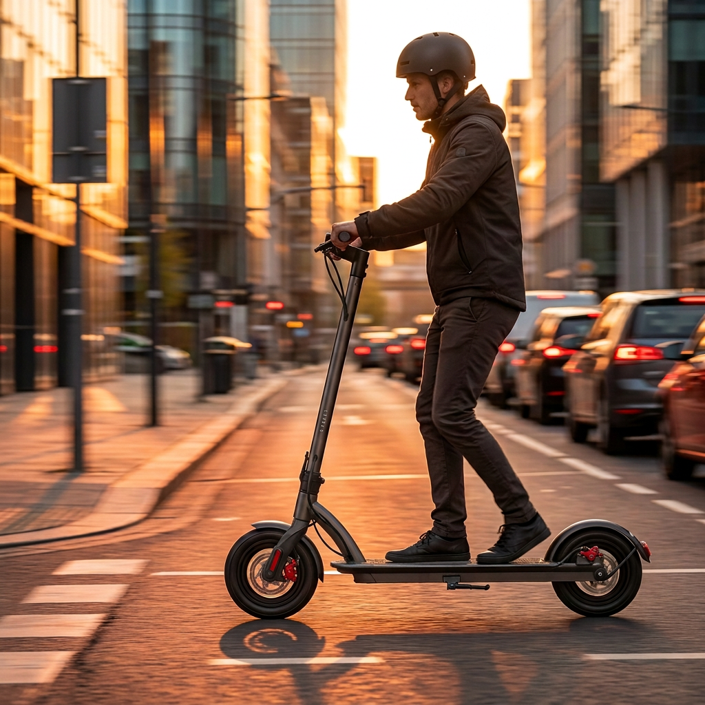 Rider gliding past stopped city traffic at dusk on a Roadblade scooter
