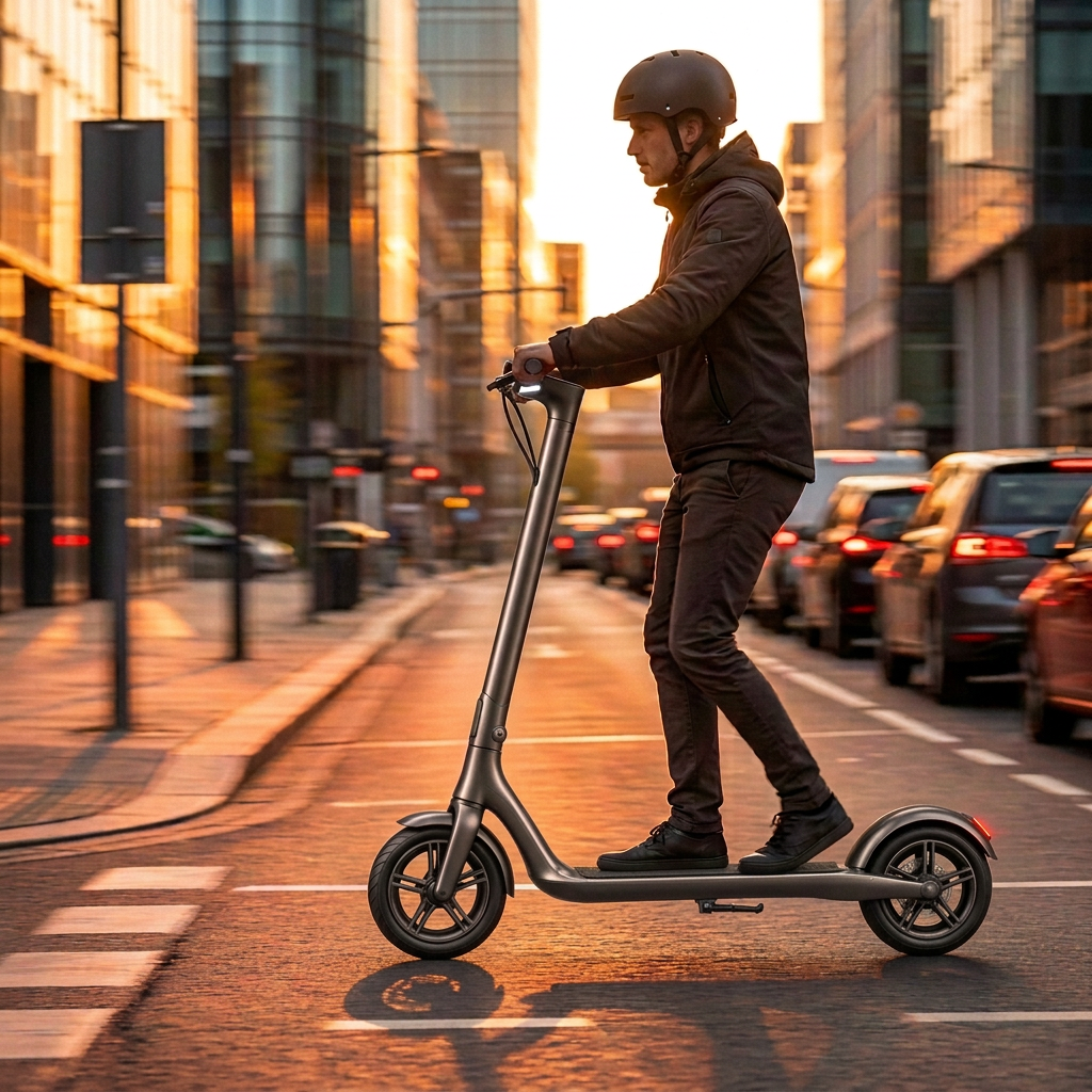 Rider gliding past stopped city traffic at dusk on a Roadblade scooter