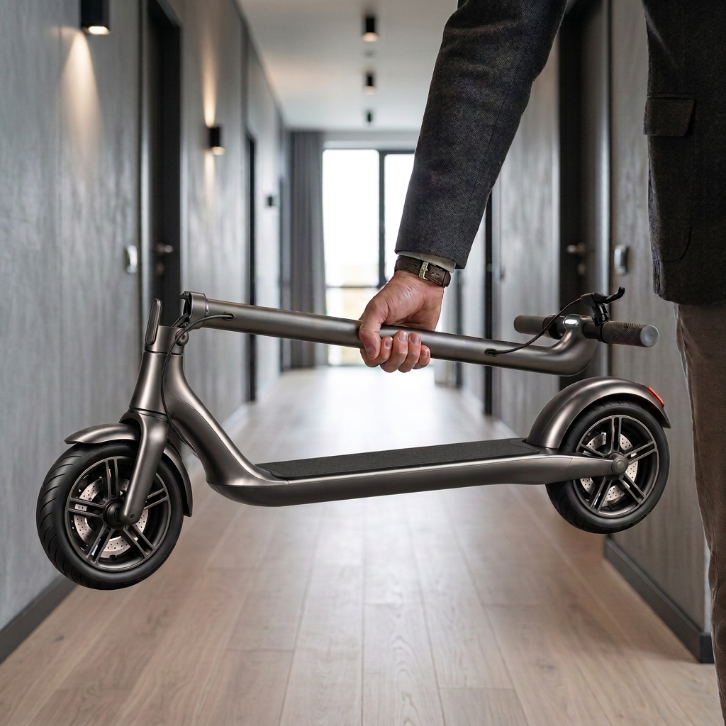 Person carrying the folded Roadblade scooter one-handed into a modern lobby