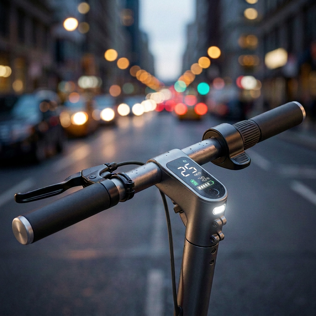 Roadblade handlebar LED display showing speed, battery, and ride mode