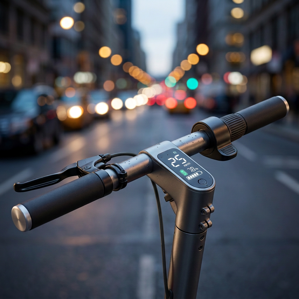 Roadblade handlebar LED display showing speed, battery, and ride mode