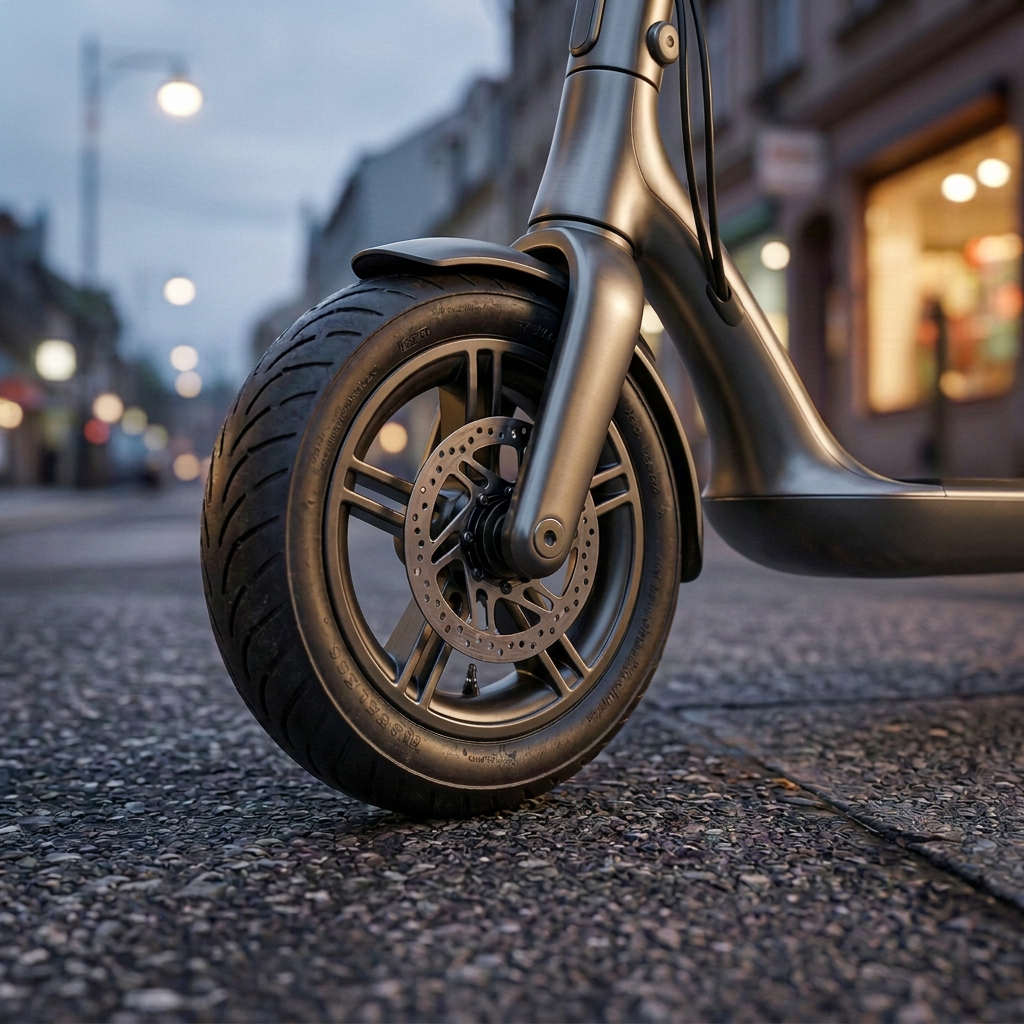 Close-up of the Roadblade front wheel and suspension rolling over rough pavement