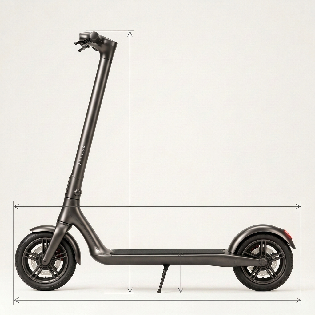 Roadblade product size chart showing standing and folded dimensions plus rider fit range